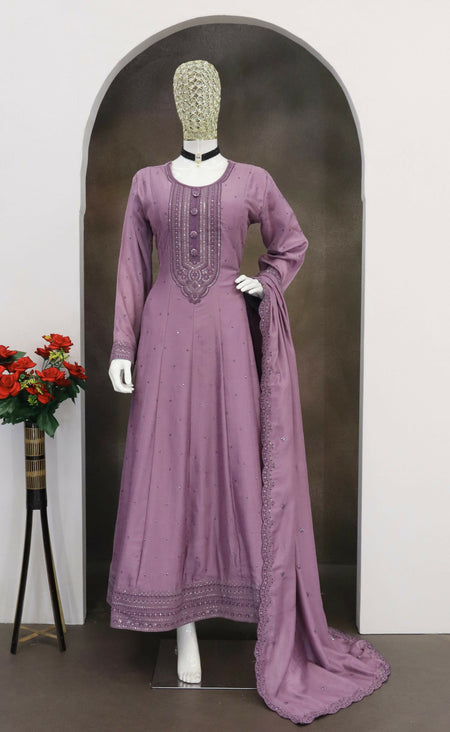 Teeya Creation Onion Color Heavy Vichitra Silk Embroidery Work Long Gown