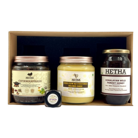 Hetha Gift Box with Desi Cow A2 Cultured Bilona Ghee, Chyawanprash, Honey & Lip Balm