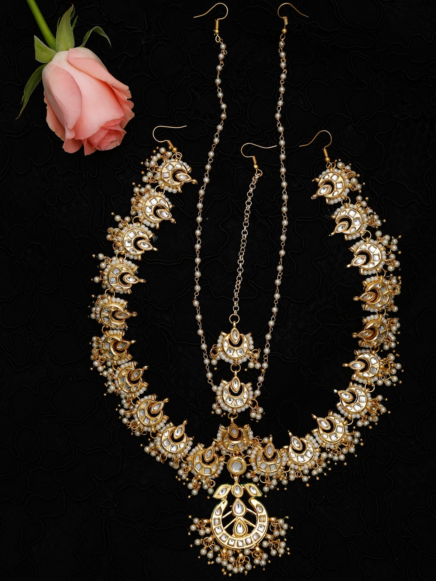 Gold-Plated White Kundan-Studded Beaded Maharani Matha Patti - Ruby Raang - Distacart