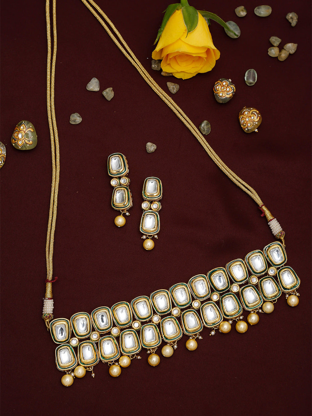 White Gold Toned Meenakari Kundan Choker With Earrings - Ruby Raang - Distacart