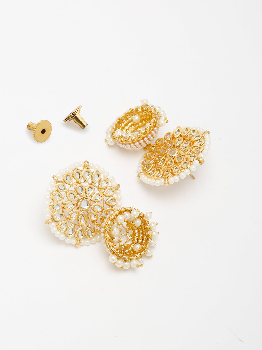 Gold White Kundan Studded Dome Shaped Jhumka Earrings - Ruby Raang - Distacart