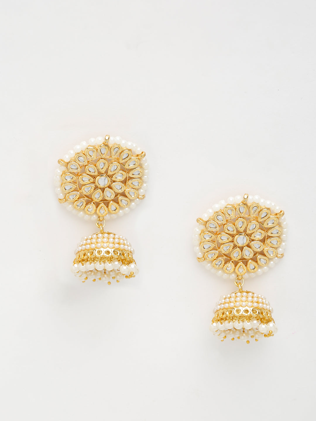 Gold White Kundan Studded Dome Shaped Jhumka Earrings - Ruby Raang - Distacart