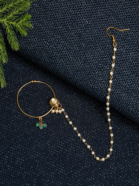 Gold-Polished Kundan Nose Ring - Ruby Raang