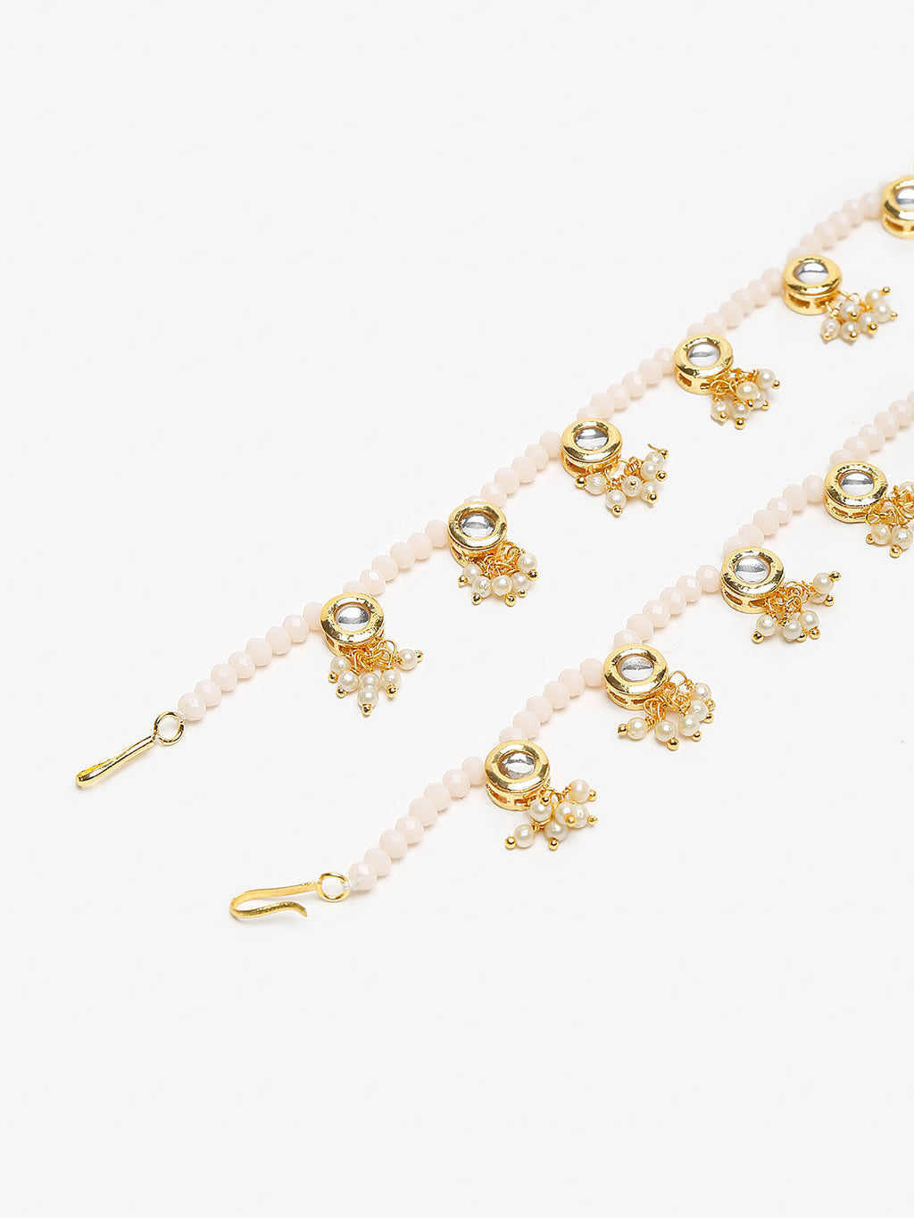 Gold-Plated White Handcrafted Kundan Set Of 2-Studded Beaded Anklets - Ruby Raang - Distacart