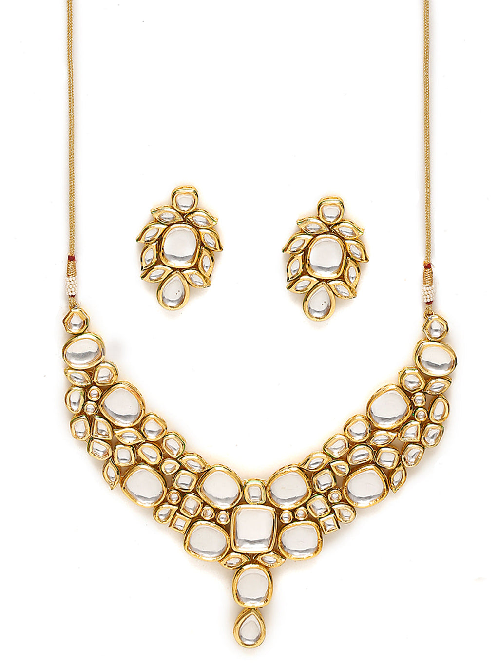 Gold-Toned Kundan Necklace With Earrings - Ruby Raang - Distacart