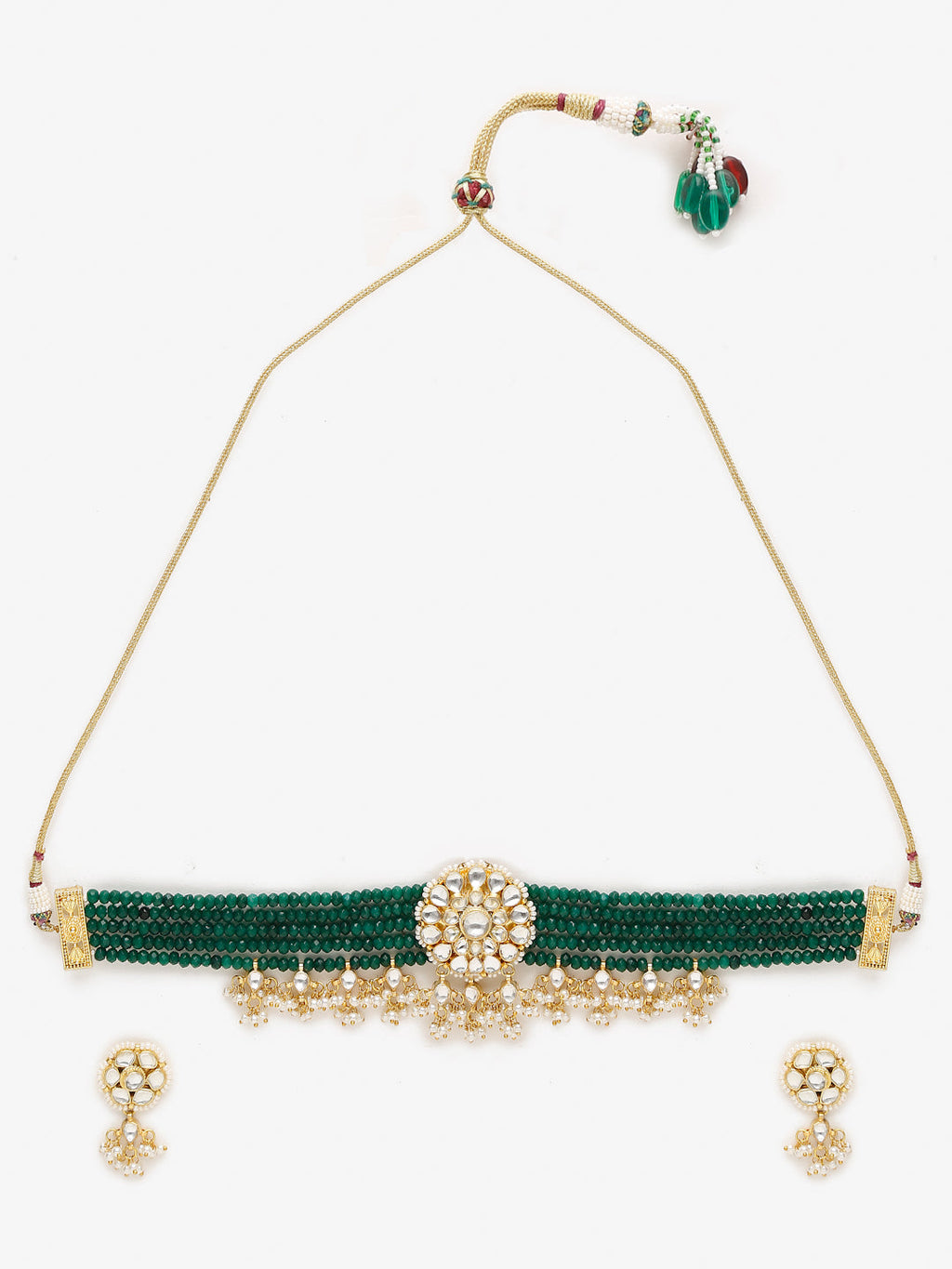 Gold-Plated Green Kundan-Studded Choker With Earrings - Ruby Raang - Distacart