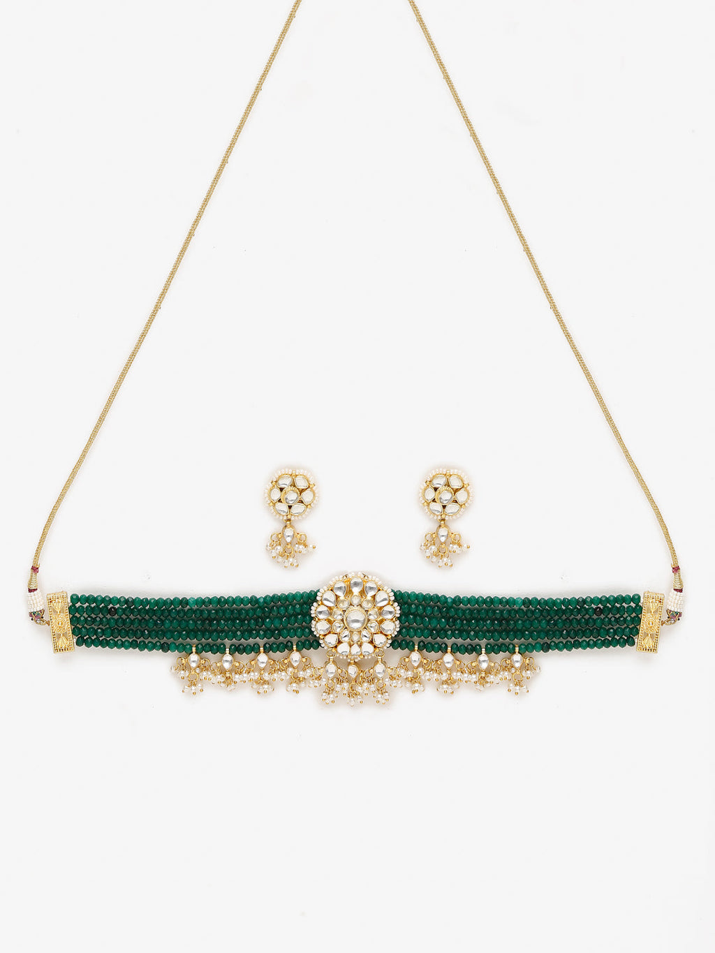 Gold-Plated Green Kundan-Studded Choker With Earrings - Ruby Raang - Distacart