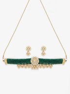 Gold-Plated Green Kundan-Studded Choker With Earrings - Ruby Raang - Distacart