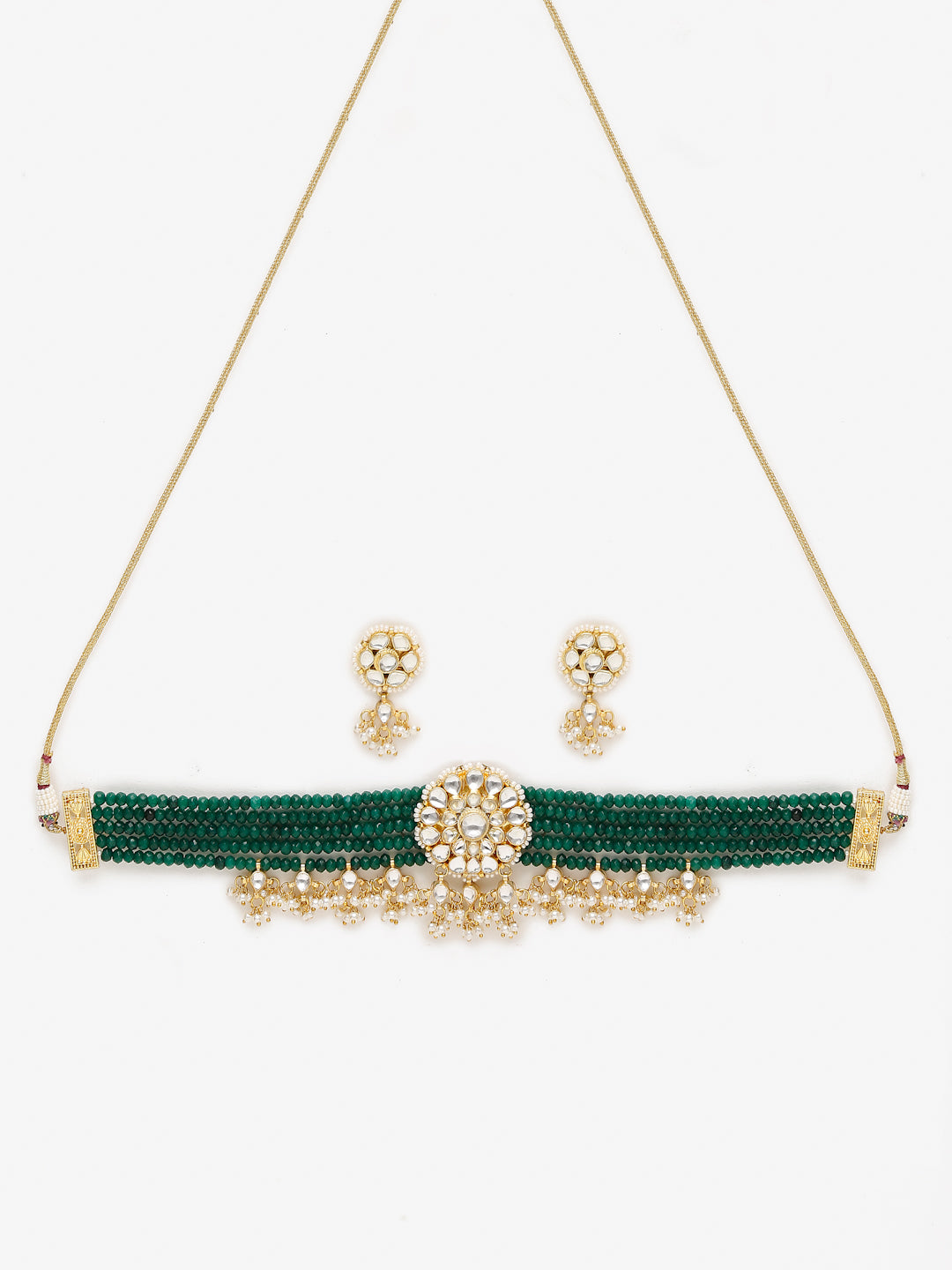 Gold-Plated Green Kundan-Studded Choker With Earrings - Ruby Raang - Distacart