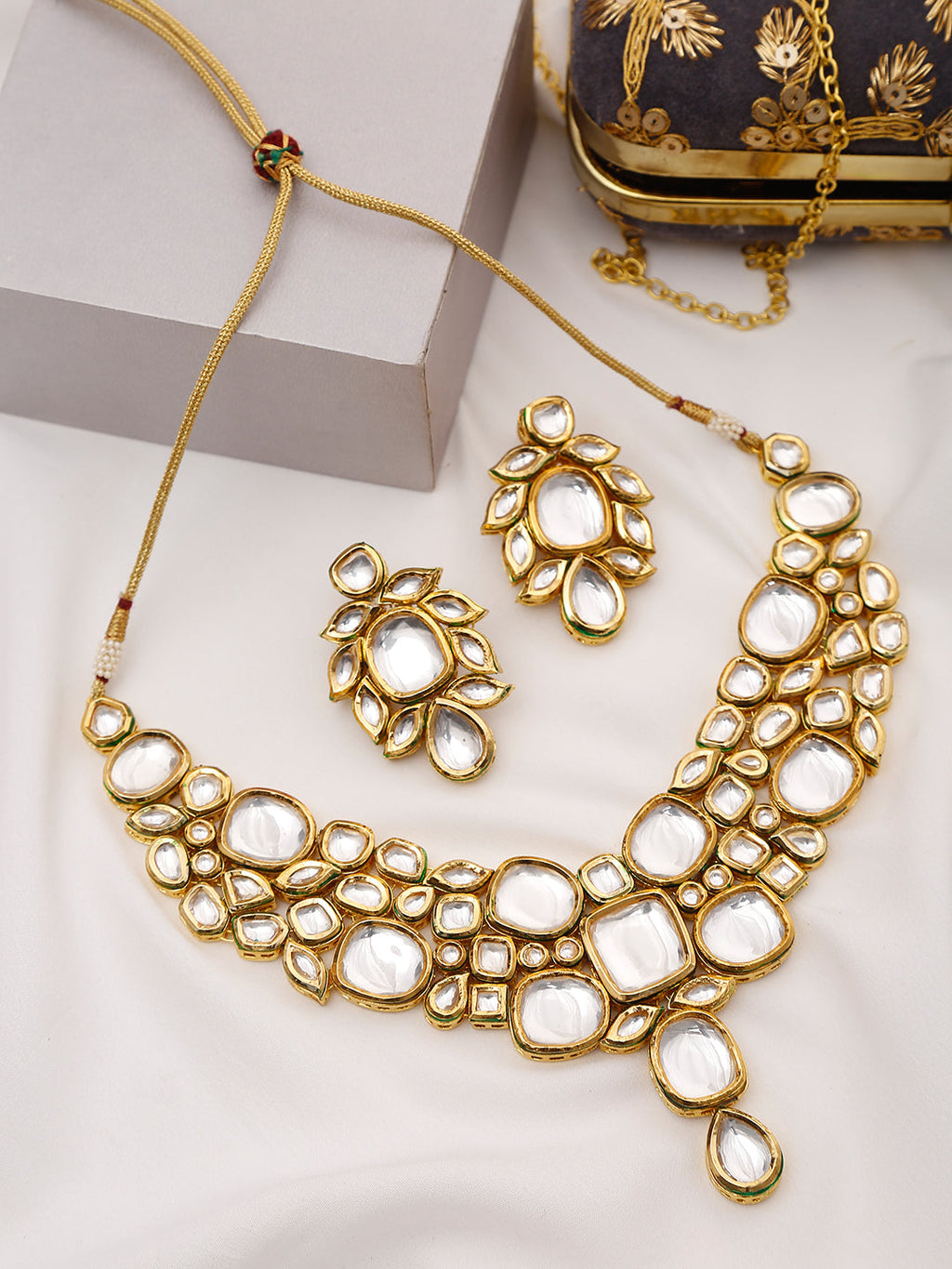 Gold-Toned Kundan Necklace With Earrings - Ruby Raang - Distacart