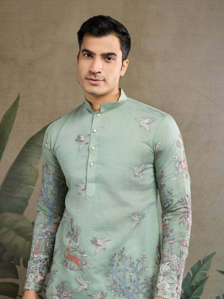 Vastranavya Pista Green Exclusive Festival Wear Viscose Silk Thread & Sequence Embroidered Work Kurta