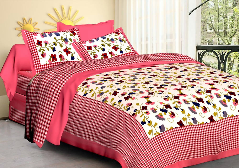 Vamika Printed Cotton Pink & Multicolor Bedsheet With Pillow Covers (LEOC_CHKM_P)