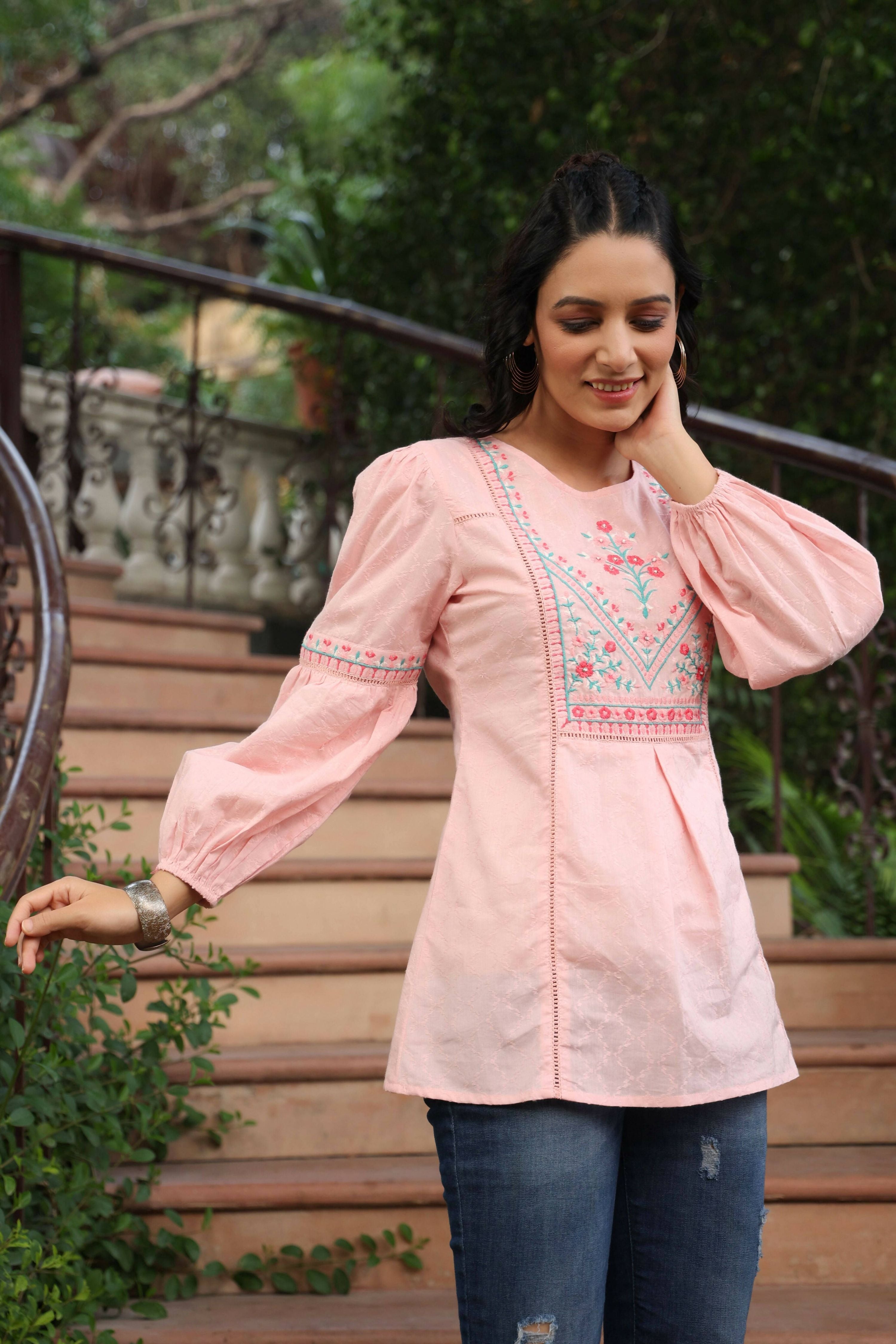 Juniper Women's Peach Cotton Dobby Solid Embroidered Straight Tunic - Distacart