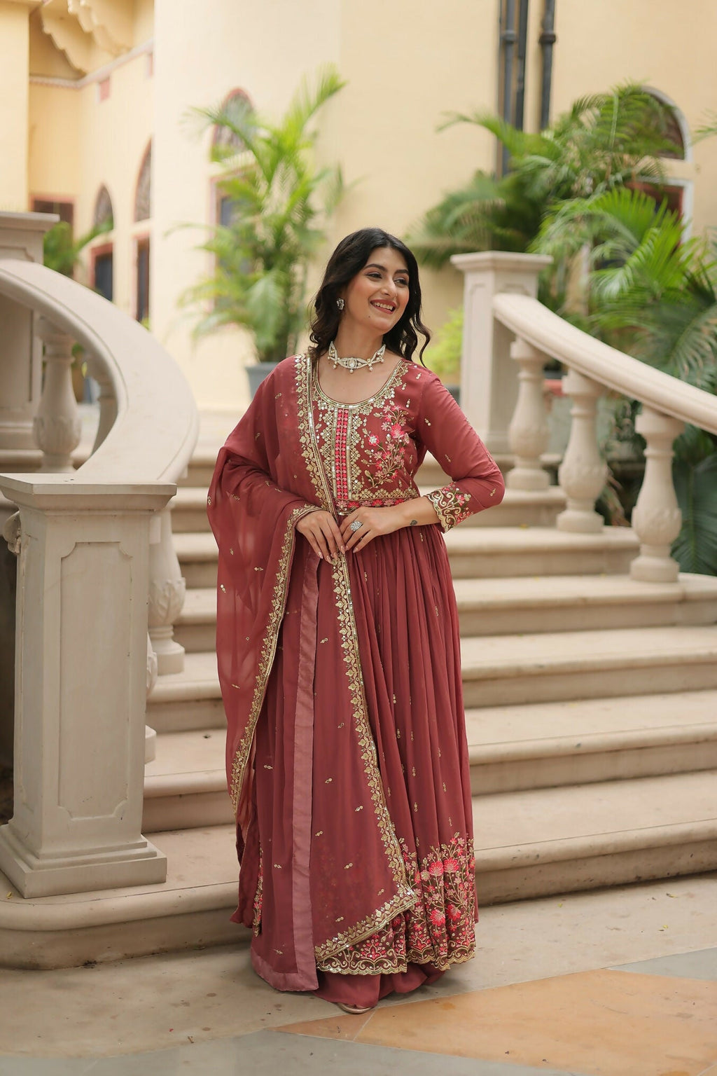 Joban Fashion Coffee Georgette Sequence Embroidery Work Kurta Set - Distacart