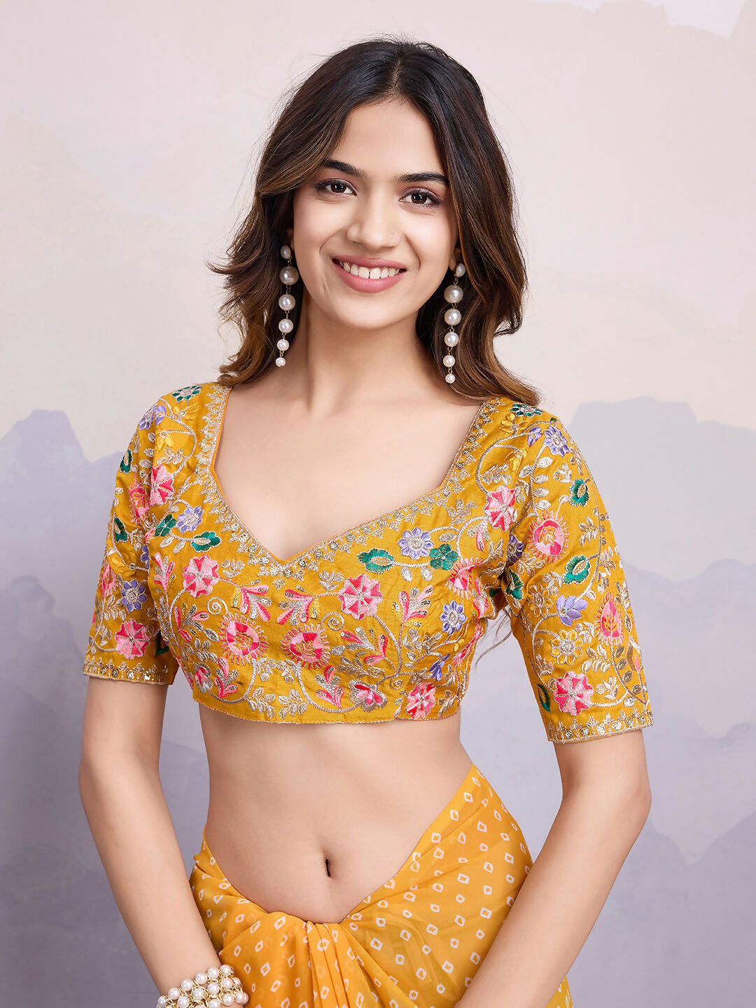Yellow Georgette Bandhani Printed,Embroidery Work Saree - Surkhi
