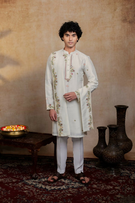 Falling Raw Silk Off White Geometric Symphony Kurta Set By Hilo Design