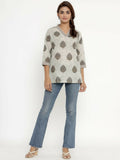 Miravan Women's Brown Floral Printed Pure Cotton Tunic