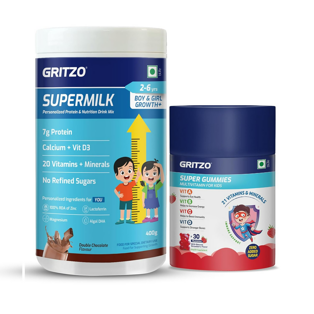 Gritzo SuperMilk Growth+ (Formerly Height+) (2-6y Boy & Girl) (Double Chocolate ) with Super Gummies (Strawberry)