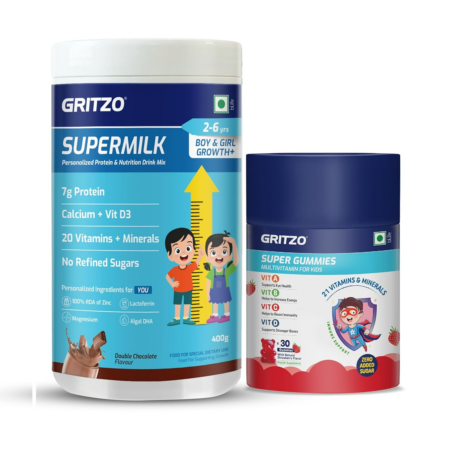 Gritzo SuperMilk Growth+ (Formerly Height+) (2-6y Boy & Girl) (Double Chocolate ) with Super Gummies (Strawberry)
