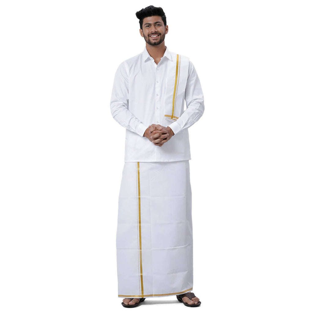 Ramraj Cotton Mens Wedding Set White Regular Dhoti, Shirt & Towel