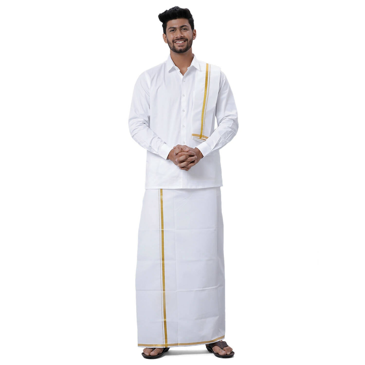Ramraj Cotton Mens Wedding Set White Regular Dhoti, Shirt & Towel