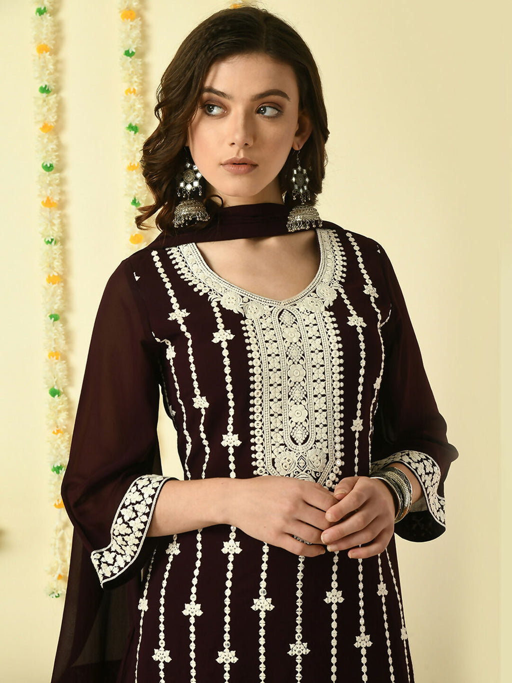 Myshka Women's Coffee Brown Georgette Kurta & Palazzos With Dupatta Party Sets