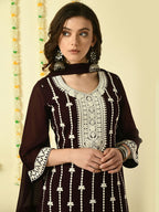 Myshka Women's Coffee Brown Georgette Kurta & Palazzos With Dupatta Party Sets