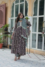 Vastranavya Wine Pure Cotton Printed Top with Pant & Dupatta Set