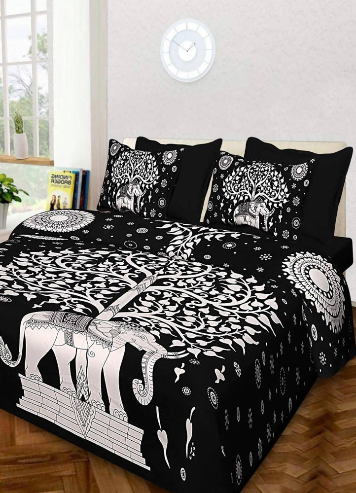 Vamika Printed Cotton Black Bedsheet With Pillow Covers (LEOC_SKHTY_BL)