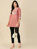 Peach Chinon Slub Floral Embroidered Top - Zeny