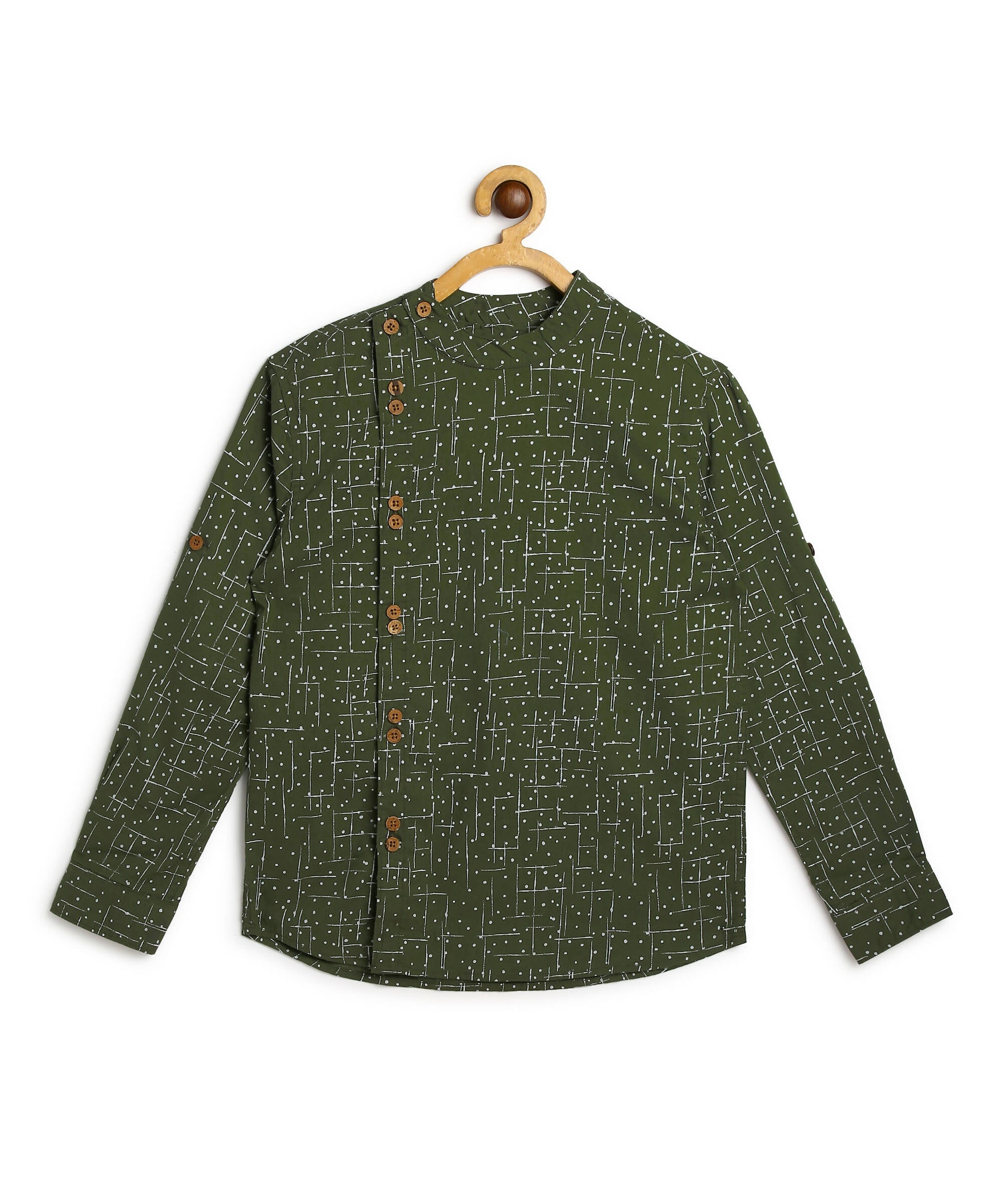 Manet Boys Full Sleeves Dot Printed Ethnic Shirt - Olive Green