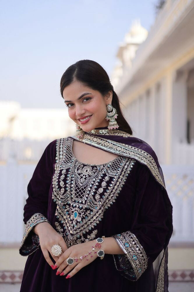Joban Fashion Wine Kurta Set Velvet Sequins , Zari, Coding & Thread Embroidered work - Distacart