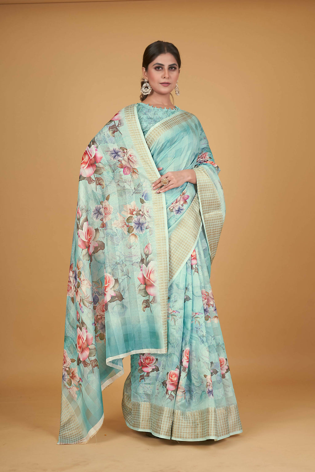Blue Cotton Silk Digital Printed Saree With Unstitched Blouse Piece - Alisha