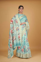 Blue Cotton Silk Digital Printed Saree With Unstitched Blouse Piece - Alisha