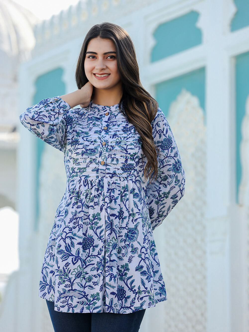Kaajh Women's White-Blue Hand Block Printed Cotton Top