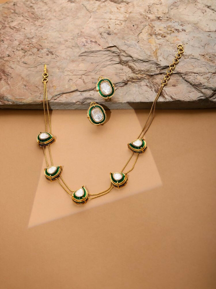 Green Meenakari Antique Finish Earrings and Drop Necklace set - Ruby Raang