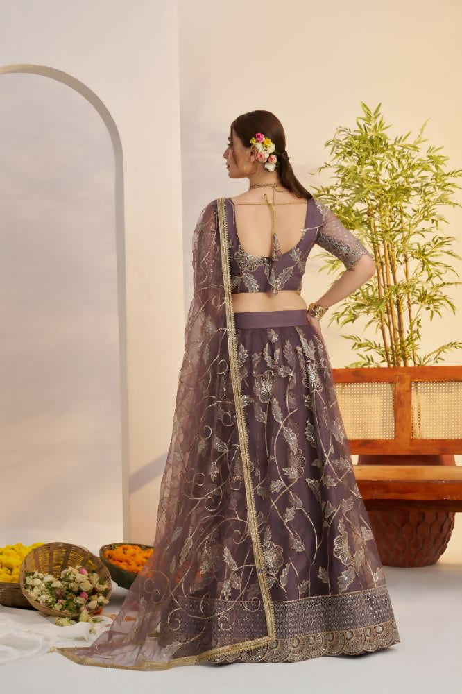 Aastha Fashion Dark Onion Butterfly Net Zari Work And Cotton Thread Work And Sequence Work Embroidery Wedding Wear Lehenga Choli