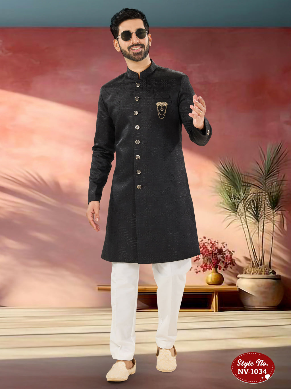 Joban Fashion Men's Black Straight Imported Tr Self-Design In Fabric Indo-Western Kurta Set