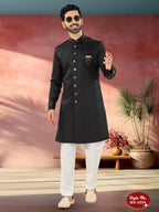 Joban Fashion Men's Black Straight Imported Tr Self-Design In Fabric Indo-Western Kurta Set