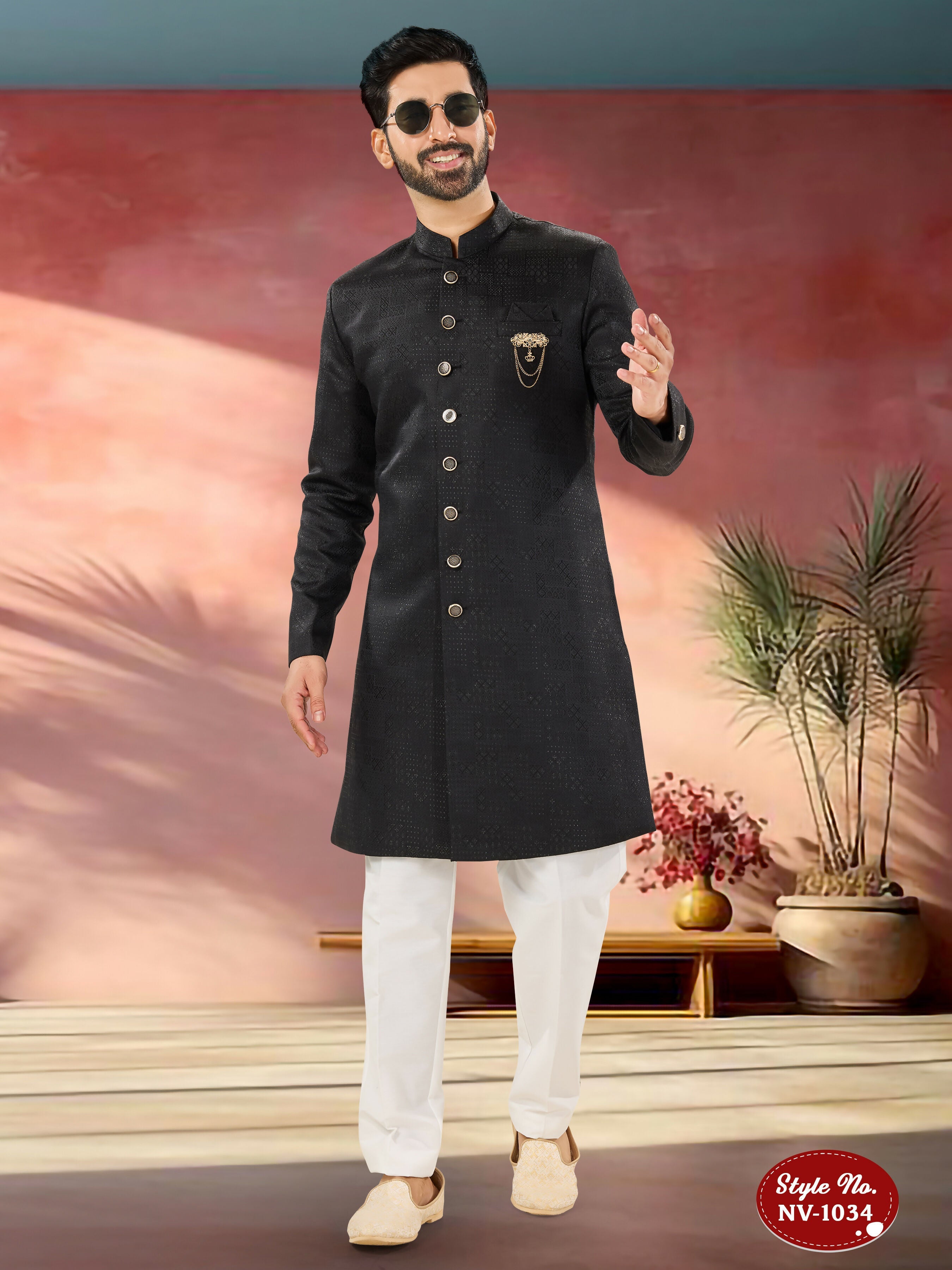 Joban Fashion Men's Black Straight Imported Tr Self-Design In Fabric Indo-Western Kurta Set