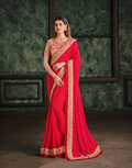 Red Silk Georgetteresham, Zari And Cord Embroidery Saree - Norita Hit
