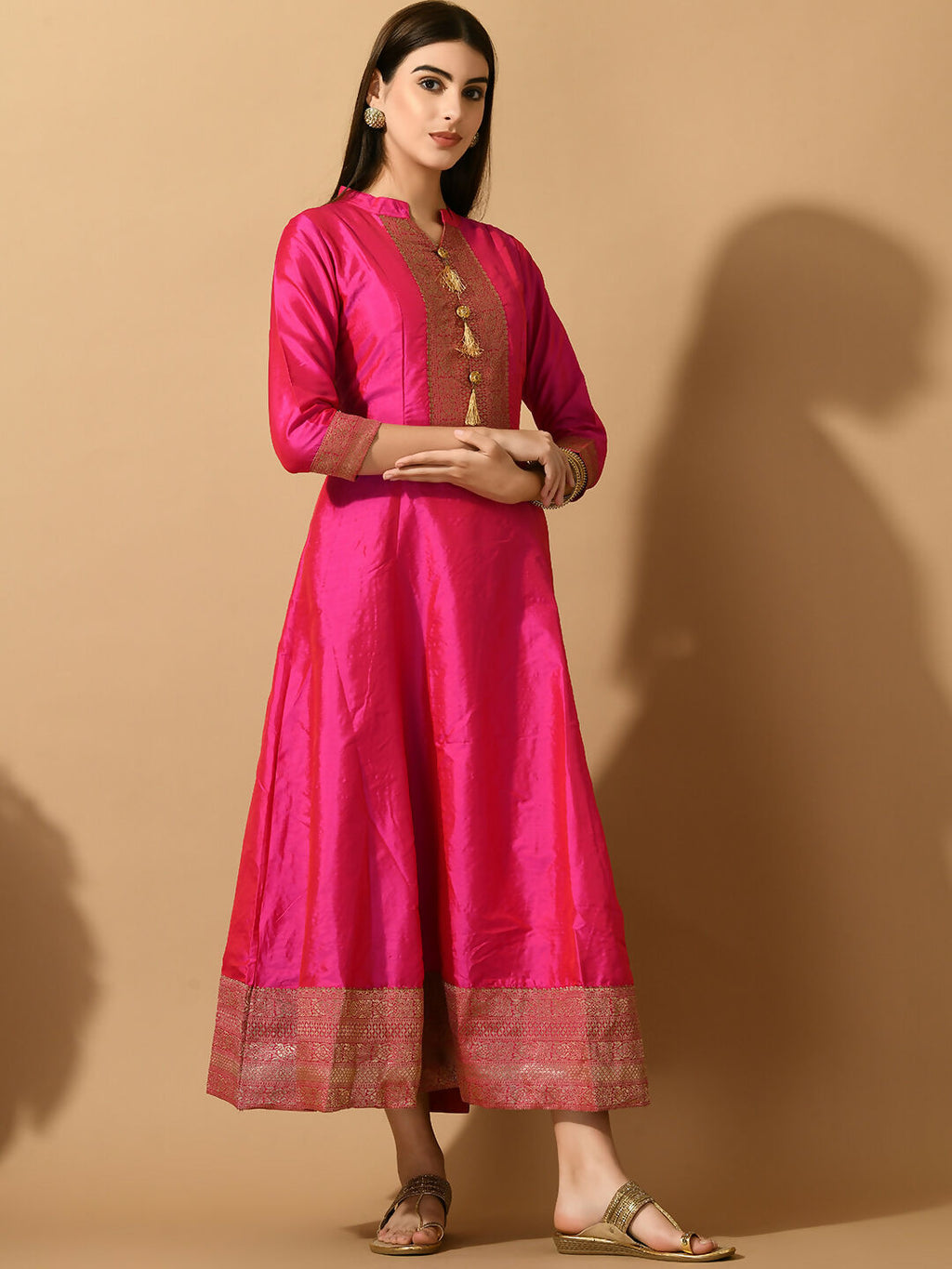 Myshka Women's Pink Silk Festive Anarkali Kurta