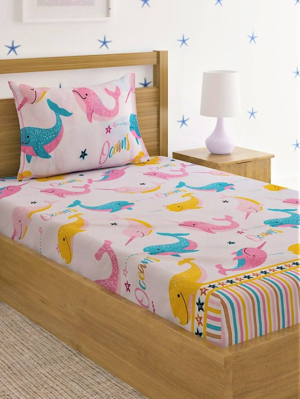 Home Sizzler Pink & Blue Cartoon 210 TC Cotton Bedsheet with Pillow Covers