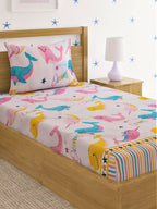 Home Sizzler Pink & Blue Cartoon 210 TC Cotton Bedsheet with Pillow Covers