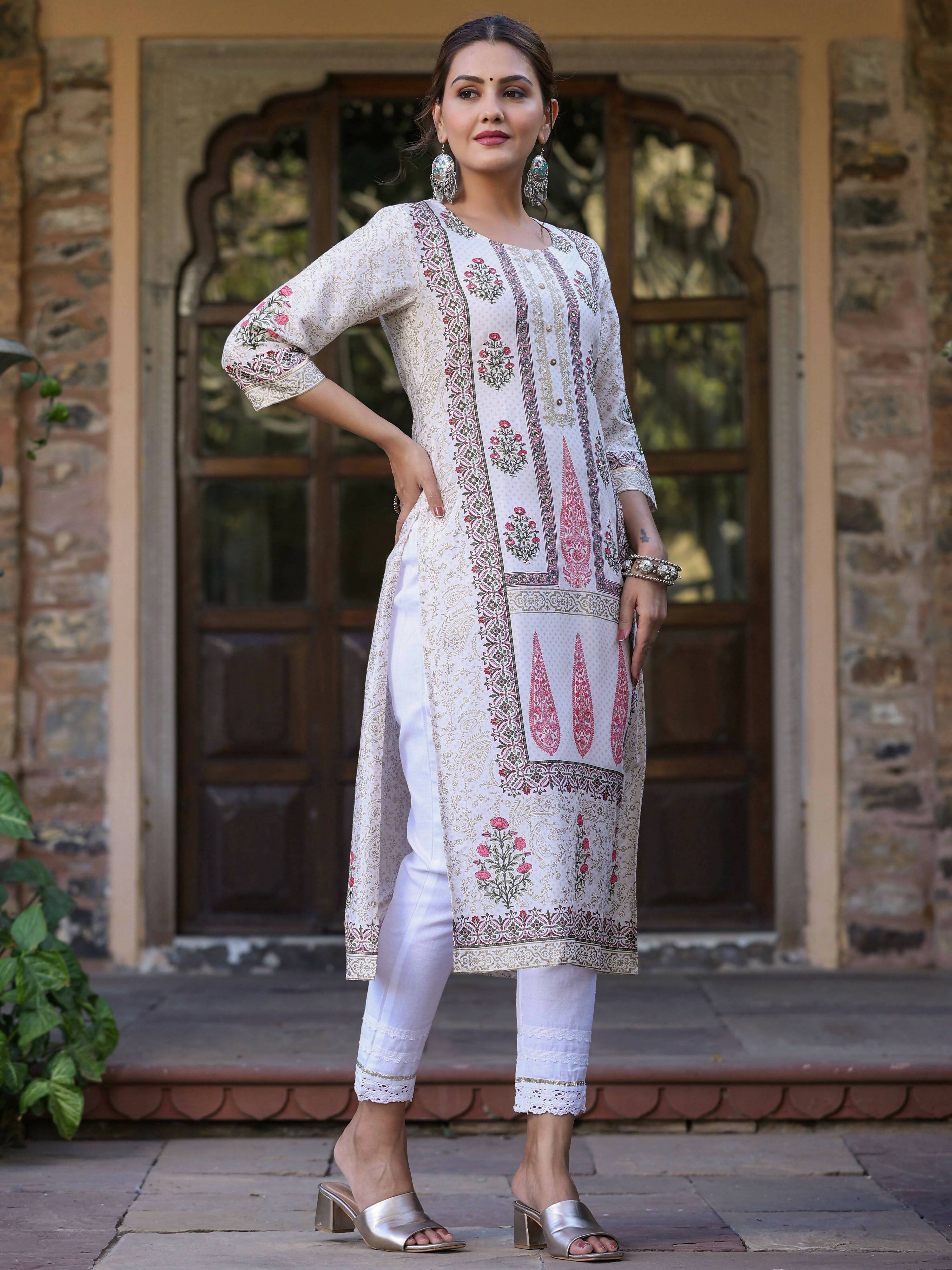Juniper Women's Pink Viscose Shantoon Festive Printed Straight Kurta - Distacart