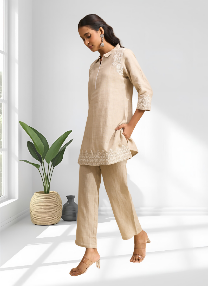 Joban Fashion Beige Linen Embroidered Readymade Cord Set - Distacart