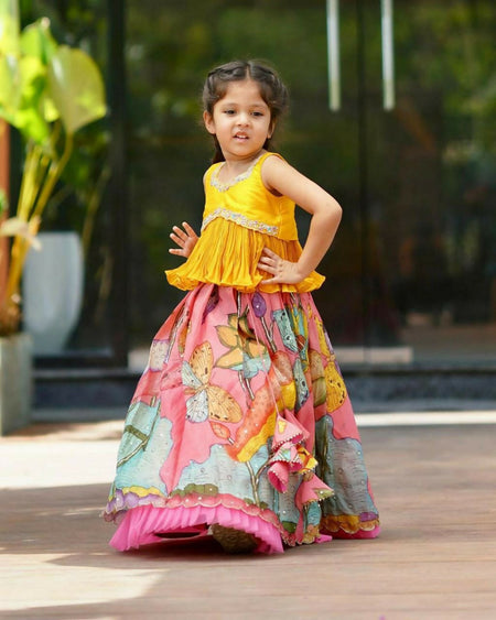Jyoti Fashion Classy Pink Chinon Silk Printed with Embroidered Kids Lehenga Choli Set