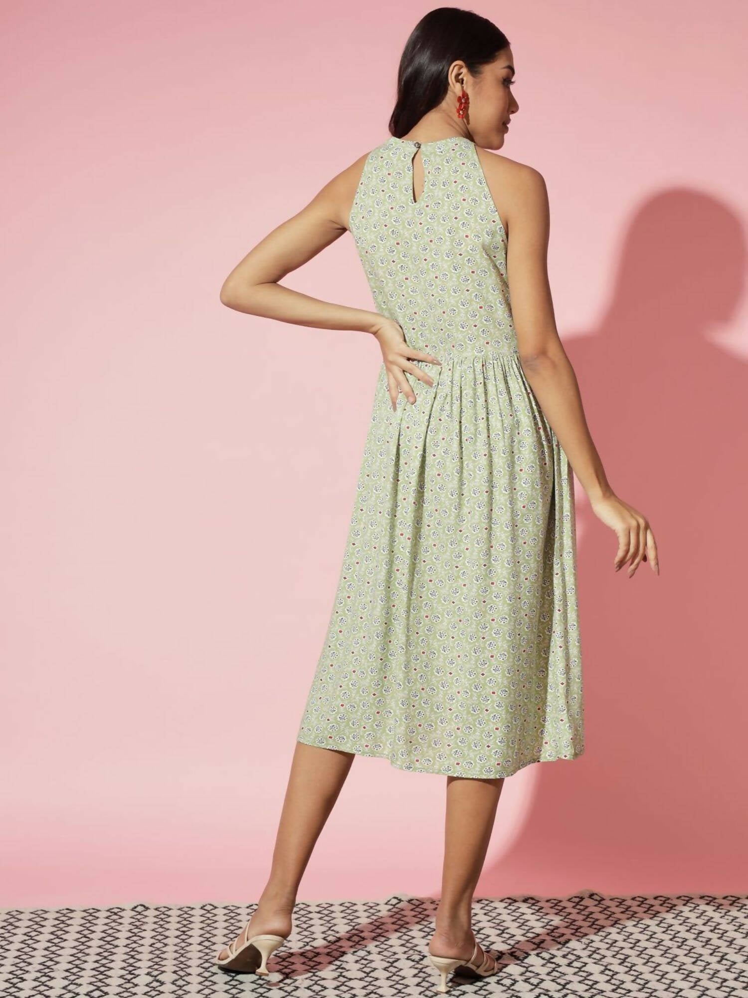 Myshka Women Ethnic Motifs Rayon A-Line Round Neck Green Dress - Distacart