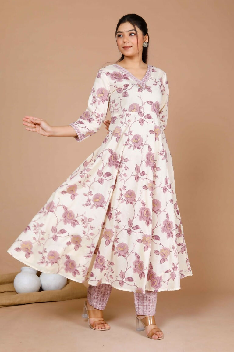 Miravan Women's Pink Floral Printed Anarkali Kurta With Palazzo