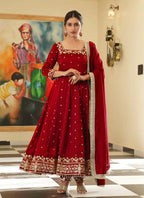 Teeya Creation Red Color Pure Vichitra Silk Embroidery Work Party Wear Gown - Distacart